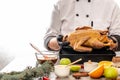 Cooking by chef - duck with oranges and apples, herbs and other ingred Royalty Free Stock Photo