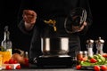 Cooking by the chef in the kitchen. Recipes and cooking, gastronomy. Culinary background. Italian pasta with ingredients