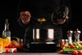 Cooking by the chef in the kitchen. Recipes and cooking, gastronomy. Culinary background. Italian pasta with ingredients
