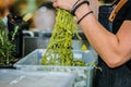 Cooking chef prepares fresh homemade pasta from flou