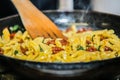 Cooking chef prepares fresh homemade pasta from flou