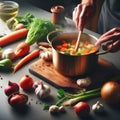 Cooking - chef\'s hands preparing vegetable vegetarian stew (thick soup). Kitchen scenery