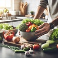 Cooking - chef\'s hands preparing vegetable vegetarian stew (thick soup). Kitchen scenery - pot with recipe