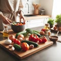 Cooking - chef\'s hands preparing vegetable vegetarian stew (thick soup). Kitchen scenery - pot with recipe