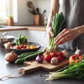 Cooking - chef\'s hands preparing vegetable vegetarian stew (thick soup). Kitchen scenery - pot with recipe