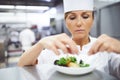 Cooking, chef and woman in restaurant serving dish for gourmet lunch, fine dining and dinner. Kitchen, catering and Royalty Free Stock Photo