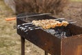 cooking chicken kebabs on a barbecue on a country plot, the concept of a weekend and a country holiday