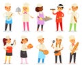 Cooking child vector children characters boy girl chef cooking food baking cookies illustration kitchener set of kids