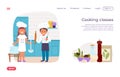 Cooking children class modern landing web banner, young chef boy culinary hat, girl hold cook stuff flat vector