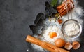 Cooking Christmas baking. Ingredients for the dough and the spices on the table. Flour, eggs, Cinnamon sticks, cardamom, star Royalty Free Stock Photo