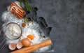 Cooking Christmas baking. Ingredients for the dough and the spices on the table. Flour, eggs, Cinnamon sticks, cardamom, star Royalty Free Stock Photo