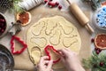 Cooking Christmas cookies. Female hands with snowman cookie cutter. Step by step recipe Royalty Free Stock Photo