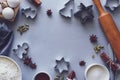 Cooking Christmas cookies. Ingredients for gingerbread dough: flour, eggs, sugar, cocoa, cinnamon sticks, anise stars Royalty Free Stock Photo