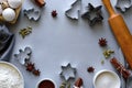 Cooking Christmas cookies. Ingredients for gingerbread dough: flour, eggs, sugar, cocoa, cinnamon sticks, anise stars Royalty Free Stock Photo