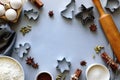 Cooking Christmas cookies. Ingredients for gingerbread dough: flour, eggs, sugar, cocoa, cinnamon sticks, anise stars and cookie Royalty Free Stock Photo