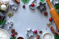 Cooking Christmas cookies. Ingredients for gingerbread dough: flour, eggs, sugar, cocoa, cinnamon sticks, anise stars and cookie Royalty Free Stock Photo