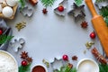 Cooking Christmas cookies. Ingredients for gingerbread dough: flour, eggs, sugar, cocoa, cinnamon sticks, anise stars and cookie Royalty Free Stock Photo