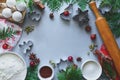 Cooking Christmas cookies. Ingredients for gingerbread dough: flour, eggs, sugar, cocoa, cinnamon sticks, anise stars and cookie Royalty Free Stock Photo