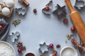 Cooking Christmas cookies. Ingredients for gingerbread dough: flour, eggs, sugar, cocoa, cinnamon sticks, anise stars and cookie Royalty Free Stock Photo