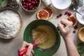 Cooking Christmas cookies. Mixing ingredients in a bowl. Step by step recipe Royalty Free Stock Photo