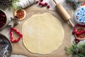 Cooking Christmas cookies. Rolled raw dough. Step by step recipe Royalty Free Stock Photo
