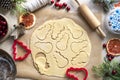 Cooking Christmas cookies. Snowman cookie cutter on dough. Step by step recipe Royalty Free Stock Photo