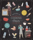 Cooking classes.Design template with people preparing meals, kitchen utensils and appliances