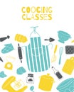 Cooking classes poster with kitchenware and pots on kitchen,board, chef cook apron vector illustration.