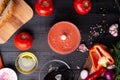 Cooking classic spanish raw eating cold soup Gazpacho. food recipe. healthy concept. flat lay