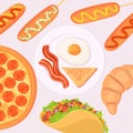 cooking collection background fast food. croissant,pizza, taco, bacon with egg, corn dog
