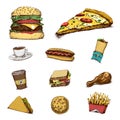 Cooking collection, fast food. pizza and burger, drink and french fries, chicken and sandwich, hamburger and coffee, hot