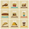 Cooking collection, fast food. pizza and burger, drink and french fries, chicken and sandwich, hamburger and coffee, hot