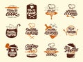 Cooking colour logos set. Healthy. Bon appetit. Cook, chef, kitchen utensils icon or logo. Handwritten lettering vector