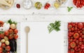 cooking concept food above, white cutting board with vegetables, tomatoes and food ingredients on kitchen white worktop, copy spa