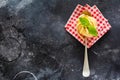 Cooking concept. Ingredients for traditional Italian homemade pasta tomatoes, raw egg, basil leaf on the dark concrete background Royalty Free Stock Photo