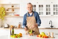 Cooking Concept. Portrait Of Happy Senior Man Preparing Vegetable Salad In Kitchen Royalty Free Stock Photo