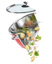 Cooking concept. Vegetables in the water falling from cut saucepan
