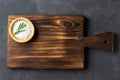 Cooking concept. Vintage cutting board with salt