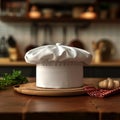 Cooking concept White cook hat on a kitchen table