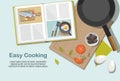 Cooking consept. Recipe book, frying pan and food. Top view Royalty Free Stock Photo