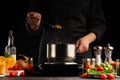 Cooking, the cook prepares pasta with vegetables, and sauce. Culinary and gastronomy