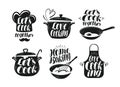 Cooking, cookery, cuisine label set. Cook, chef, kitchen utensils icon or logo. Handwritten lettering, calligraphy Royalty Free Stock Photo