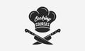 Cooking Courses lettering on chef\'s hat. Cooking poster with chef\'s hat, knives and grunge texture.