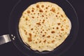 Cooking of crepe or thin pancake in a frying pan. Top view