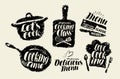 Cooking, cuisine label set. Cookery, kitchen utensils, kitchenware typography. Lettering vector illustration
