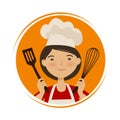 Cooking, cuisine logo. Cute girl in chef hat. Cartoon vector illustration