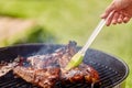 Close up of barbecue meat roasting on grill Royalty Free Stock Photo