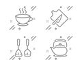 Cooking cutlery, Cutting board and Coffee cup icons set. Teapot sign. Kitchen accessories, Knife, Hot drink. Vector Royalty Free Stock Photo