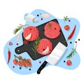 Cooking cutlets for burger, top view illustration. Cutting board with raw homemade cutlet, spices and ingredients