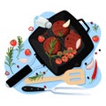 Cooking cutlets for burger, vector top view illustration. Grill pan with fried homemade cutlet, spices and ingredients